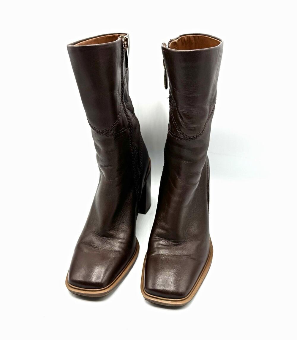 Franco Sarto Stevie Brown Leather Mid-Calf Zip Block Heel Square Toe Boots 5